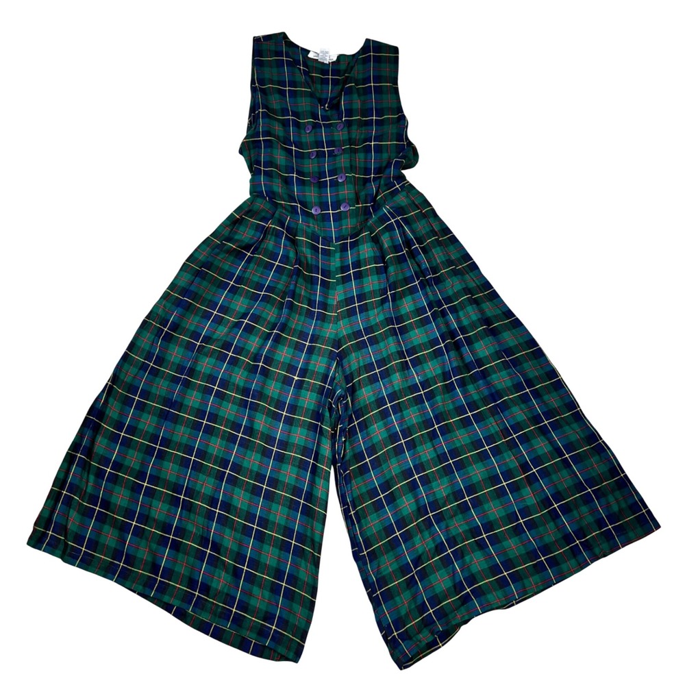 VTG Natural Impressions Jumpsuit Sz M Tartan Plaid Cotton* Wide Leg 90s Academia